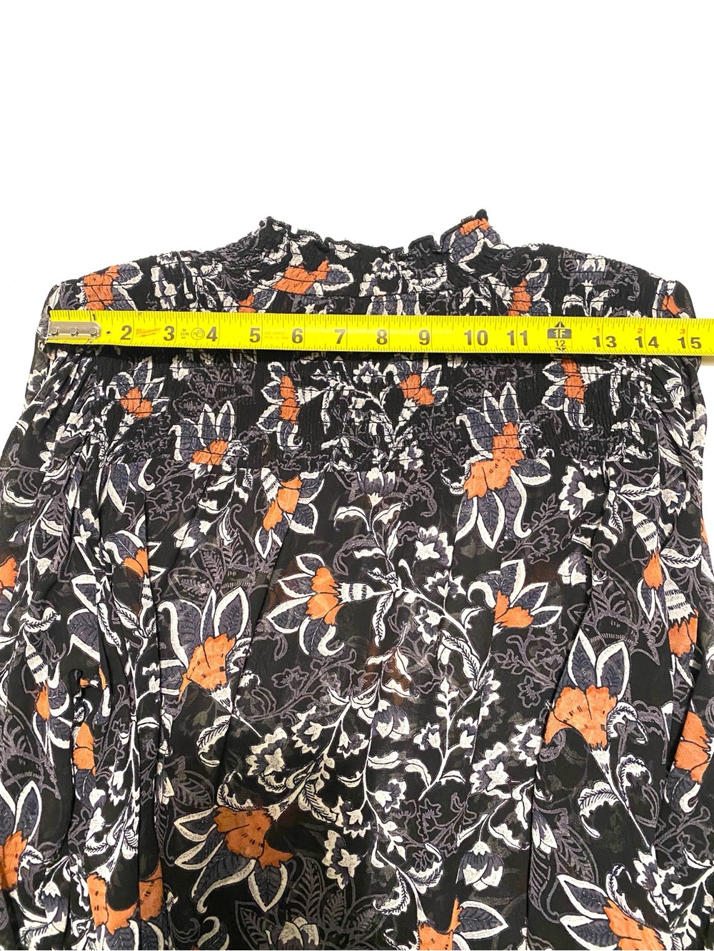 B. Copenhagen Floral Smocked Neck Sheer Blouse Black Burnt Apricot Paisley US M - Picture 12 of 14